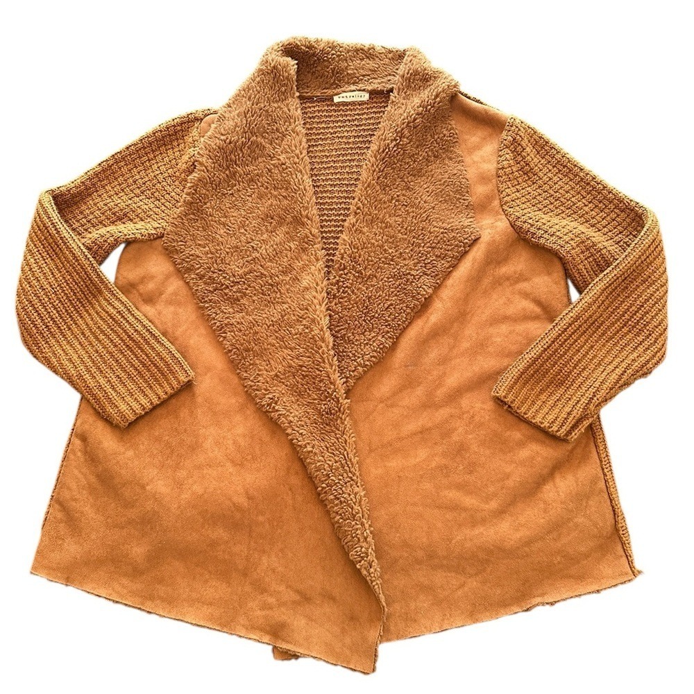Retrology Sherpa Faux Suede Knit Cardigan  Wmn 2X Tan Excellent Mixed Media